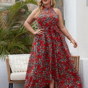 Plus Size Red Floral Halter Maxi Dress